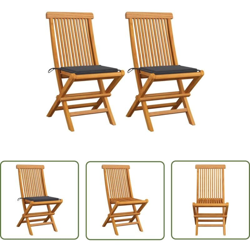 Maison Chic - The Living Store Chaises de jardin et coussins anthracite lot de 2 Bois de teck - Chaise De Jardin Pliable - Chaise De Jardin En Bois