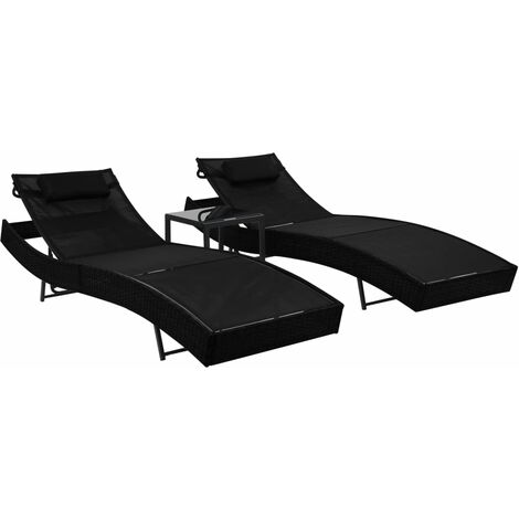2 pcs Chaises longues et table, Transats, Bain de soleil, Chaises de jardin Résine tressée et textilène Noir ZSE7619