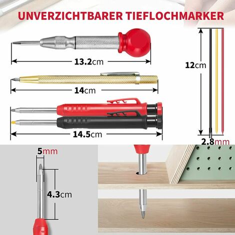 2 Pcs Crayons Chantier Charpentier avec Pointeau Pointe à Tracer - Crayons de Menuisier Porte Mine Chantier Crayon Maçon Crayon Mécanique Outils Marqueur pour Trous Profonds de Carrelage