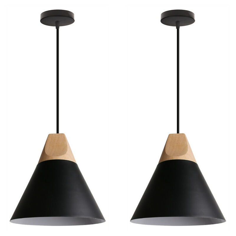 Wottes - 2 Pcs Creative Industrial Pendant Light Fixture Solid Wood Bedroom Living Room Decorative Chandelier (black) - Nero