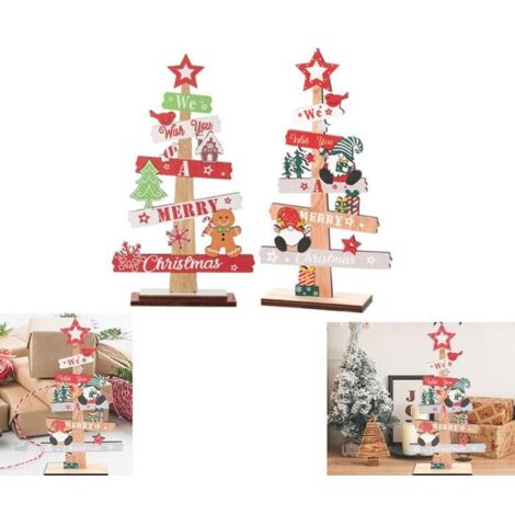 2 Pcs Décoration de Table de Noël, Panneau de Bureau, Sapin de Noël Décoratif, Père Noël Nain, Décorations de Table de Noël en Bois