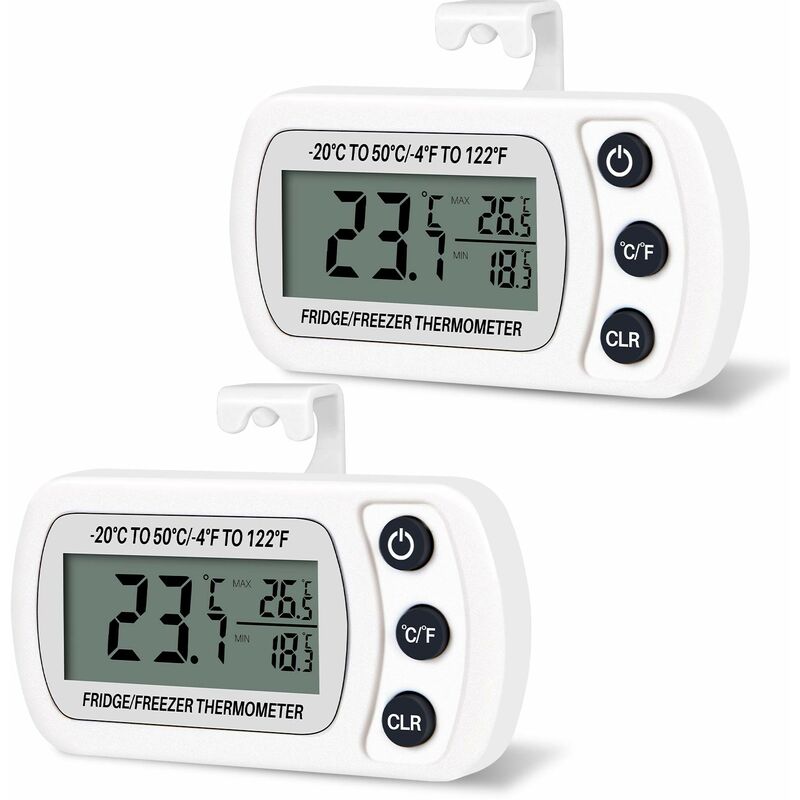 2 pcs Digital Frigidaire Fridge Freezer Thermometer Temperature -20 to 50℃ with Hook, Easy-to-Read lcd Display, Max-Min Recording Function (White)