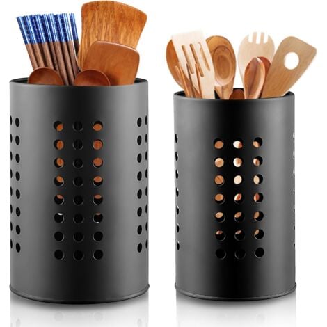 2 Pcs Égouttoir à Couverts , Porte-ustensiles de cuisine pour comptoir , Panier d’ustensiles noir en acier inoxydable, organisateur élégant de ferme et pot d’ustensiles de décor de cuisine