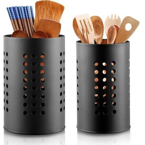 2 Pcs Égouttoir à Couverts , Porte-ustensiles de cuisine pour comptoir , Panier d’ustensiles noir en acier inoxydable, organisateur élégant de ferme et pot d’ustensiles de décor de cuisine