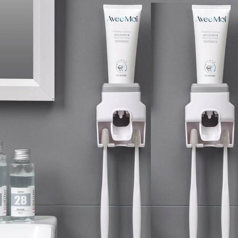 2 pcs Ensemble de porte-brosse à dents distributeur mural de dentifrice, support mural, ensemble d'accessoires de salle de bains en roulement, (gris)