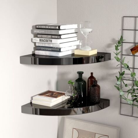 2 pcs Étagères d'angle flottantes，Étagères mural noir brillant 35x35x3,8 cm MDF CFW23467