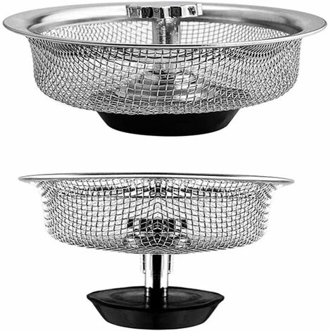 2 Pcs Filtre à évier en Acier Inoxydable Cuisine, Tamis d'évier Douche, Grille Evier，Le Bouchon en Caoutchouc Réglable en Hauteur Peut Stocker l'eau et Isoler les Résidus