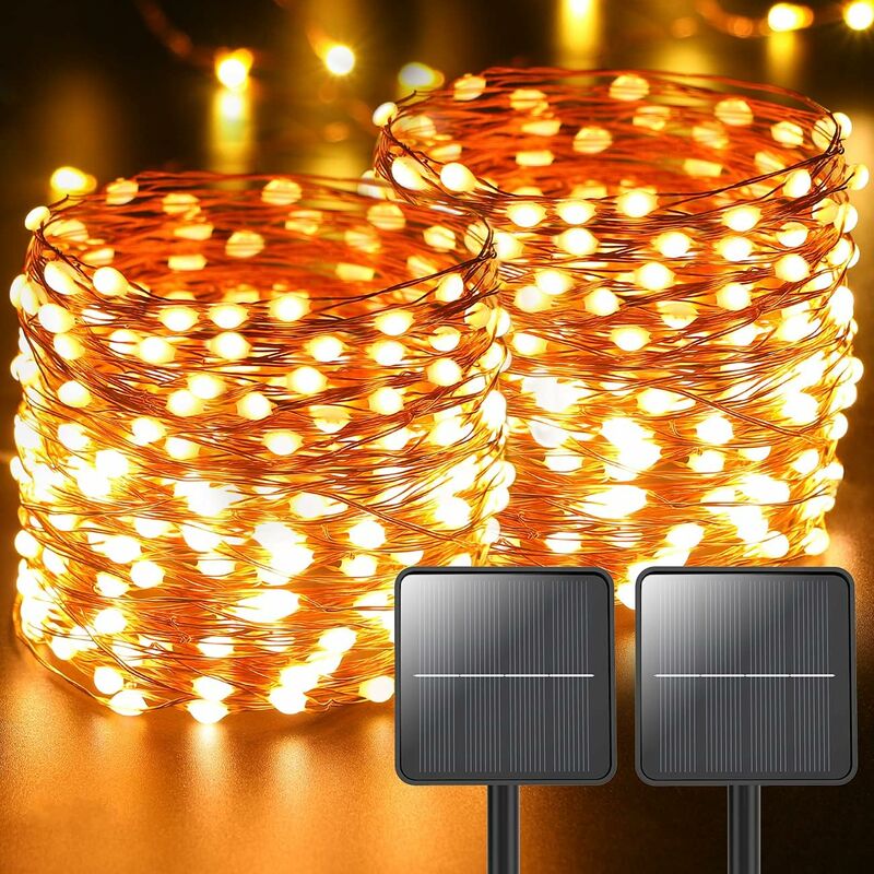 2 Pcs Guirlande Lumineuse Exterieure Solaire, 12m 120 led Ruban Guirlande led Solaire Exterieur 8 Modes étanche Fil Cuivre Décoration Lumière pour