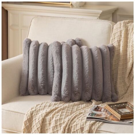 2 PCS Housse de Coussin en Fausse Fourrure à Rayures, Taie d'Oreiller Décorative Moderne et Confortable, 50x50 cm, Sans Noyau, Gris