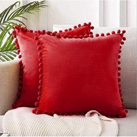 2 Pcs Housse de Coussin en Velours Taie d'oreiller Decorative Taie d'oreiller Boule de Fourrure de Couleur Pure Super Doux Maison Salon Chambre pour Canapé Taie d'oreiller (Gros Rouge)