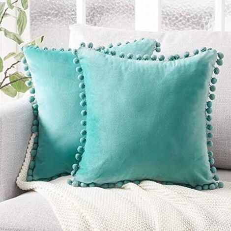 2 Pcs Housse de Coussin en Velours Taie d'oreiller Decorative Taie d'oreiller Boule de Fourrure de Couleur Pure Super Doux Maison Salon Chambre pour Canapé Taie d'oreiller(Bleu Tiffany)
