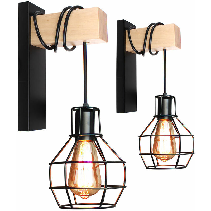 Wottes - 2Pcs Industrial Wall Lamp Wooden Metal Wall Light Fixture Black Cage Design Sconce