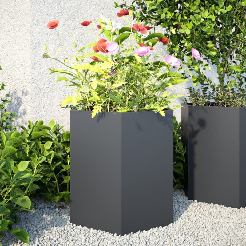 2 pcs Jardinière Pot de Fleurss anthracite hexagone 46x40x45 cm acier CFW15324