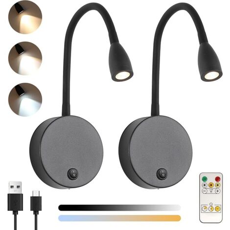 2 Pcs Lampe de Lecture Murale Sans fil Dimmable avec Télécommande, Batterie 2W LED Lampe Chevet Murale, Réglable Applique Liseuse Interieur Rechargeable USB, 200LM, 3000/4500/6000K, Noir