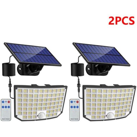 2 Pcs lampe Solaire Exterieur, 256 LED 3 modes, Câble de 5M ,Lampe Solaire Exterieur Detecteur De Mouvement  étanche Eclairage Exterieur Solaire 180° Pour Jardin,Garage,Patio avec Télécommande