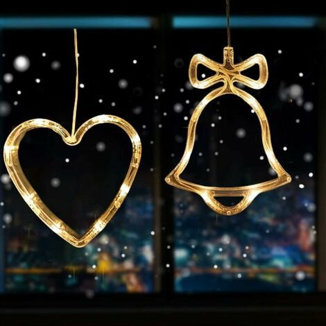 2 pcs LED Christmas Lights Indoor Battery Operated Hanging Window Light with Suction Cup Warm White for Holiday Birthday Wedding Christmas Party Shop Window Decorations (Heart and Bell)