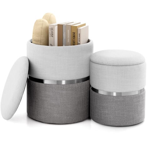 2 PCS Linen Fabric Storage Ottoman Set Modern Round Ottoman with Storage
