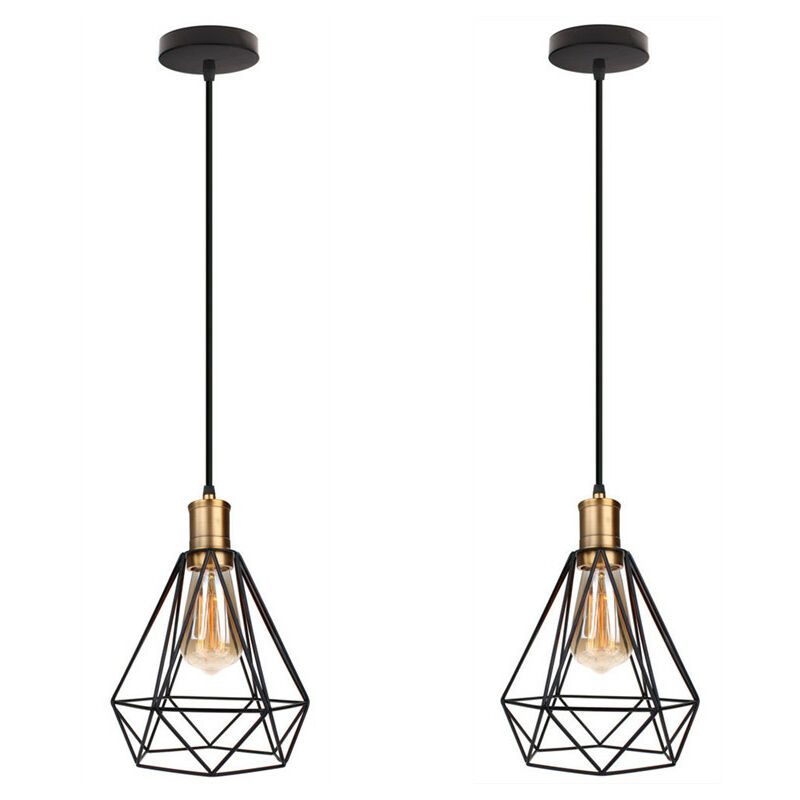 

2 pcs lámpara colgante retro industrial hierro metal jaula suspensión luz pantalla vintage diamante decoración luces, Negro - Negro