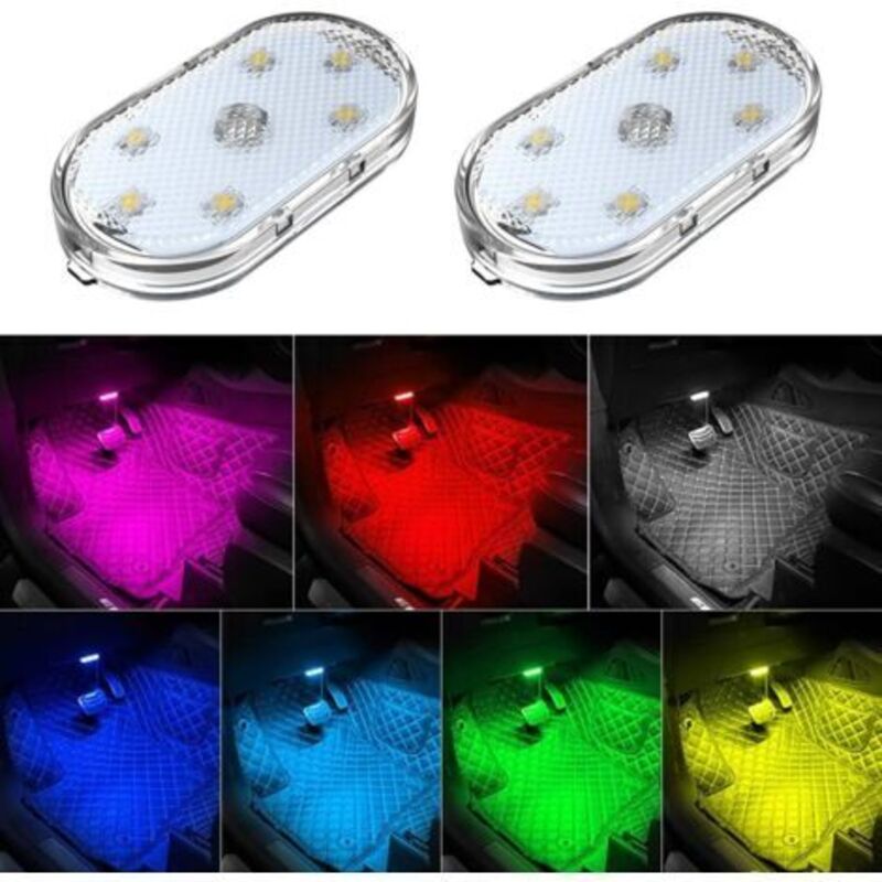 2 PCS Lumières intérieures de Voiture,Eclairage d'ambiance 7 Couleurs pour l'intérieur de la Voiture, Lampe de Lecture intérieure Rechargeable par USB