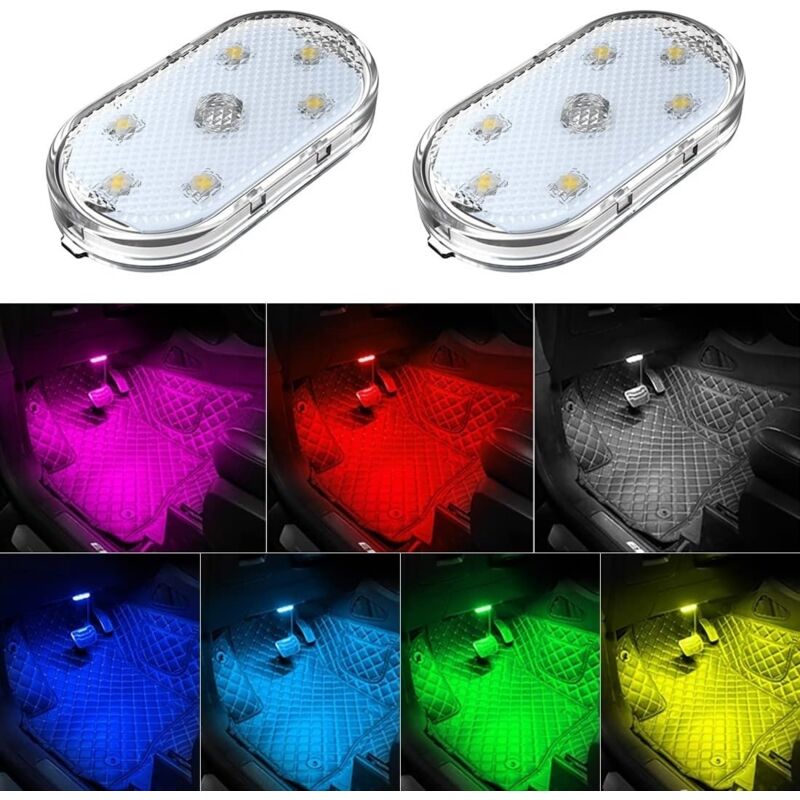 2 PCS Lumières intérieures de Voiture,Eclairage d'ambiance 7 Couleurs pour l'intérieur de la Voiture, Lampe de Lecture intérieure Rechargeable par USB