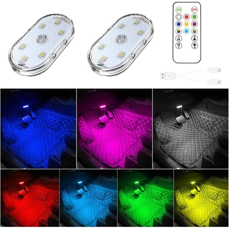 2 PCS Lumières LED pour l'intérieur de la Voiture avec télécommande,7 Couleurs d'éclairage d'ambiance pour l'intérieur de la Voiture,Eclairage