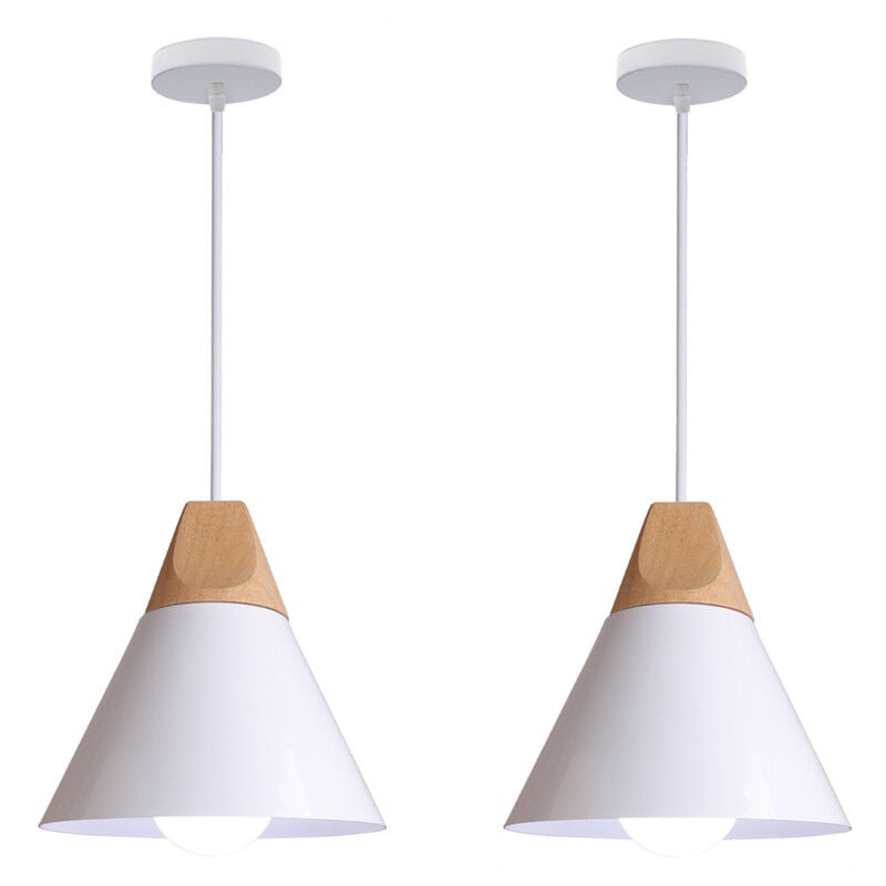 Wottes - Lustre Suspension Moderne Plafonnier Luminaire en Métal et Bois Lampe à Suspension Réglable Blanc E27 Ø22CM - 2Pcs