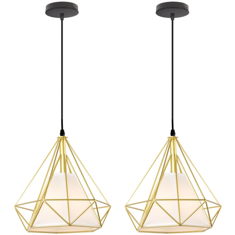 Wottes - E27 Lustre Suspension Vintage Lampe Suspension Abat-jour Forme Diamant Éclairage de Plafond en Métal et Tissu Ø25CM Or Noir - 2Pcs
