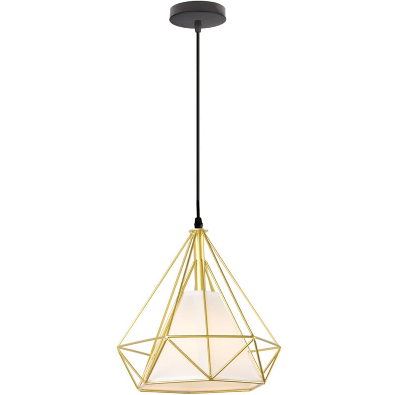 Wottes - E27 Lustre Suspension Vintage Lampe Suspension Abat-jour Forme Diamant Éclairage de Plafond en Métal et Tissu Ø25CM Or Noir - 1Pcs