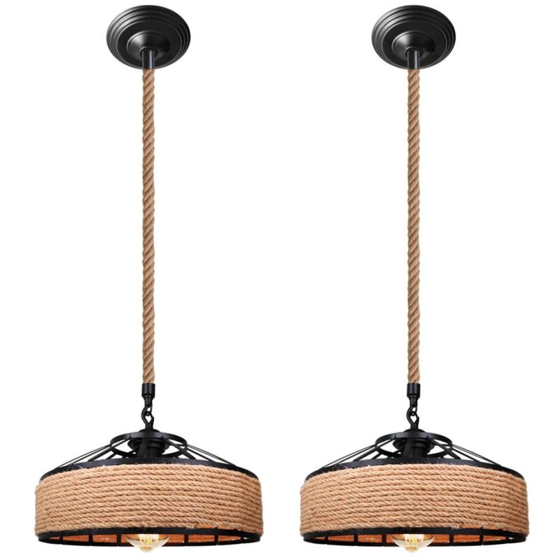 Lot de 2 Industriel Suspension Luminaire Vintage Réglable Lustre Corde de Chanvre pour Salon Chambre Restaurant Ø30cm