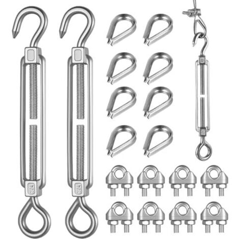2 Pcs M6 Tendeur Cable Inox, Tendeurs de Câble en Acier Inoxydable avec Crochet, et 8 Serre-câbles M3 Cosses Câbles M3, Voile Ombrage, Fixation d'Ombrage -