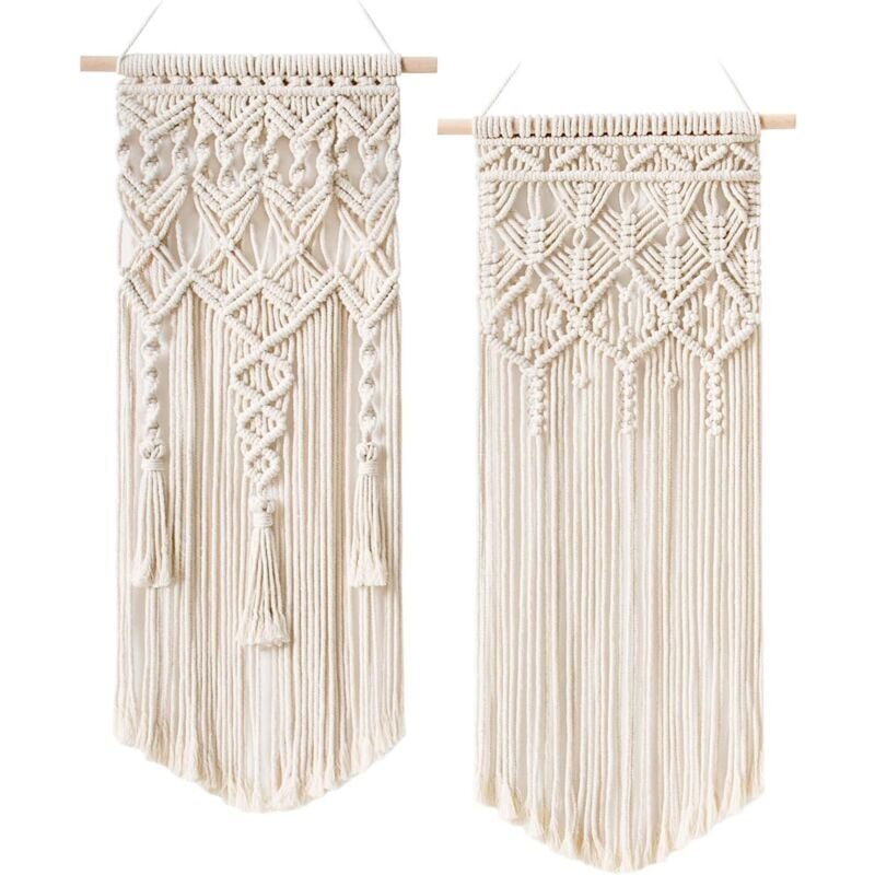 2 Pcs Macramé Tissé Wall Hanging Boho Chic Bohemian Home Geometric Art Decor - Beautiful Apartment Dorm Room Decoration, 75cm (l) x 35cm (w)