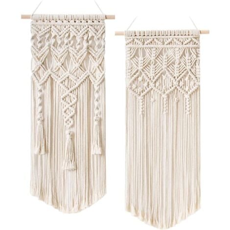 2 Pcs Macramé Tissé Wall Hanging Boho Chic Bohemian Home Geometric Art Decor - Beautiful Apartment Dorm Room Decoration, 75cm (L) x 35cm (W)
