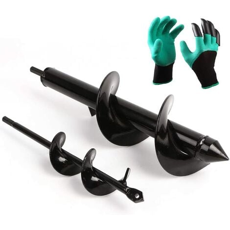 2 Pcs Mèche Jardin tarière Ø 80+ Ø 40 mm + Gants Outil de Jardinage pour Faire Trou Planter des Arbres, arbustes, Culture Profonde Fleurs Bulbes Miniatures (40+80)