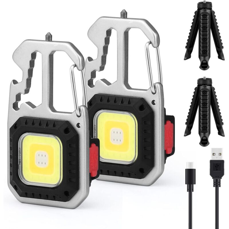 2 pcs Mini Lampe de Travail Portable,Porte-clés Lampe de Poche Étanche Lampes d'inspection Rechargeable, Base Magnétique pour Camping (2PCS+Stand)