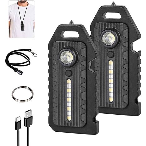 2 pcs Mini LED petite lampe de travail COB porte-clés lampe de poche, 5 modes 500 lumens rechargeable porte-clés lumière d'urgence avec base magnétique et longes, sifflet d'urgence fenêtre de survie p