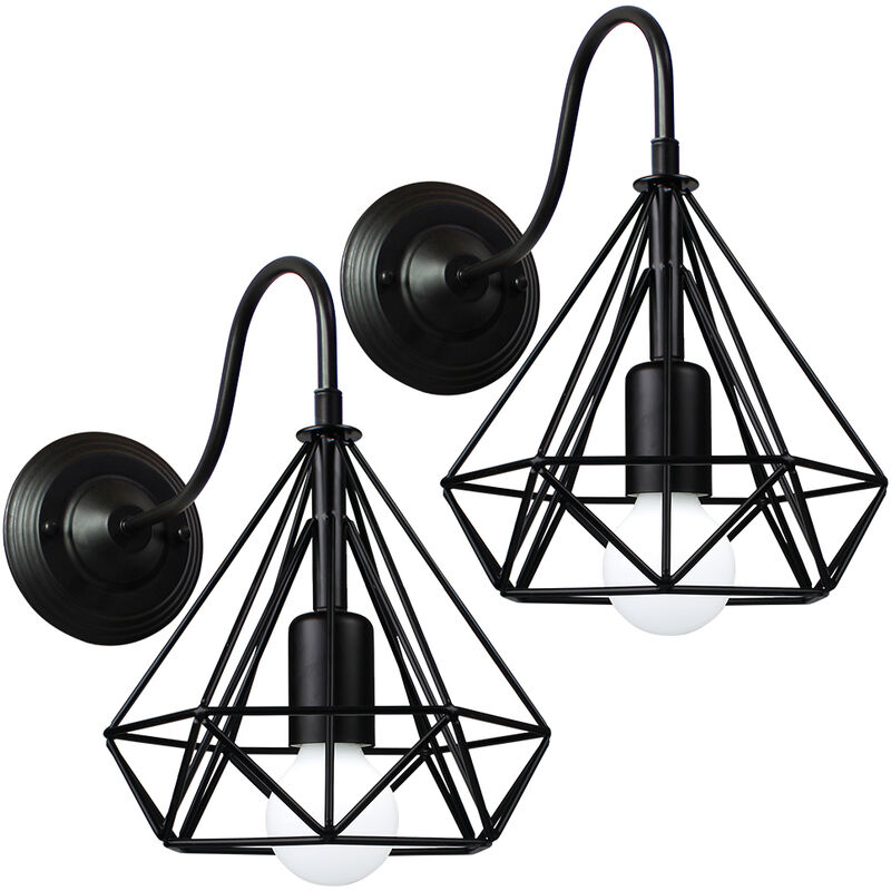 Wottes - 2 pcs Modern Creative Wall Light Metal Sconce Diamond Cage Retro Industrial Office Bedroom Cafe Decoration Light - Black