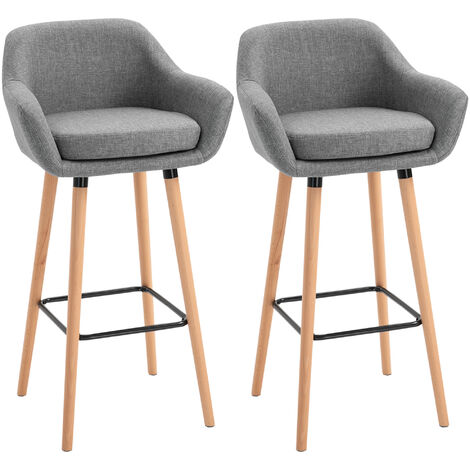 2 PCs Modern Upholstered Fabric Bucket Seat Bar Stools w/ Solid Wood Legs Grey