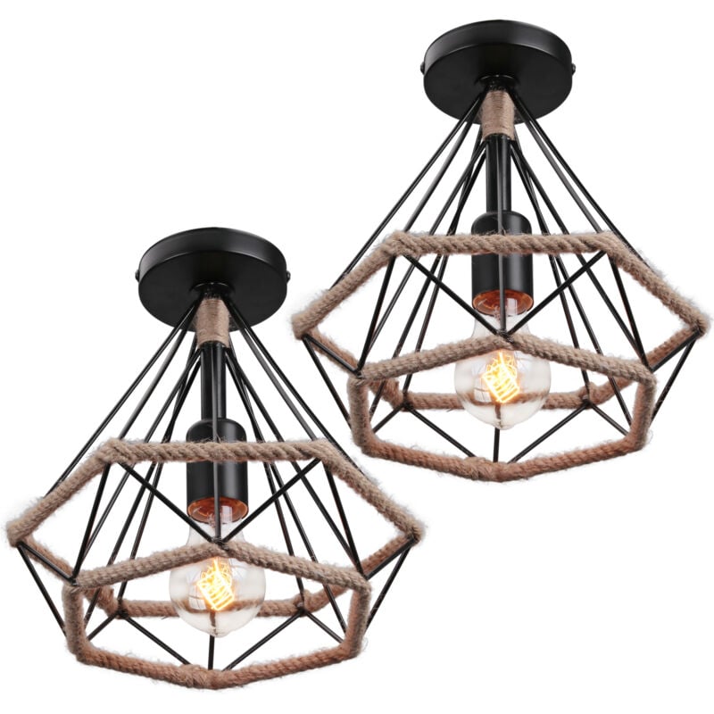 Wottes - Lampe de Plafond Industrielle Rétro Plafonnier Cage en Forme Diamant Luminaire Métal Corde de Chanvre Noir Ø25CM E27 -2 Pcs