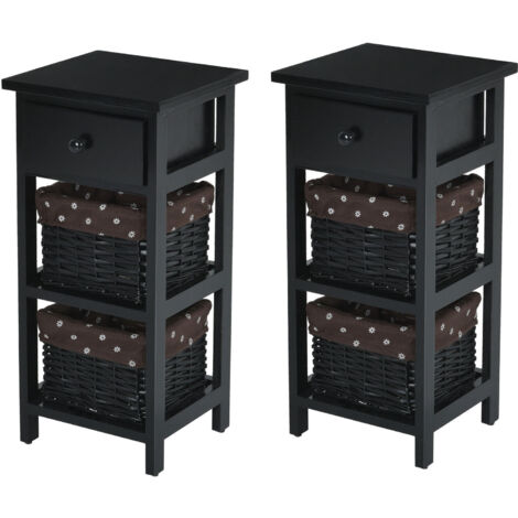 2 PCS Nightstand 3-Tier Bedside Sofa Table Modern Bedroom Side Table w/2 Baskets