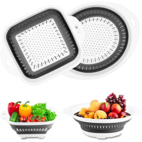 2 Pcs Passoire Pliable Silicone, Passoire de Cuisine, Passoire Cuisine Pliable, Filtres Colander Panier de Lavage de Silicone Pliable avec Poignées pour égoutter Légumes Fruits Pâtes (Ovale + Carré)