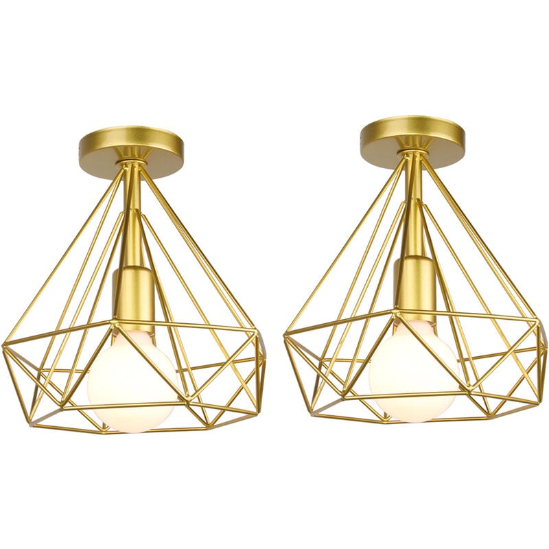 Plafonnier Industriel Rétro Lampe de Plafond Intérieur Éclairage Cage Métal Ø26CM Or E27 pour Salon Chambre Café Bar Restaurent - 2Pcs