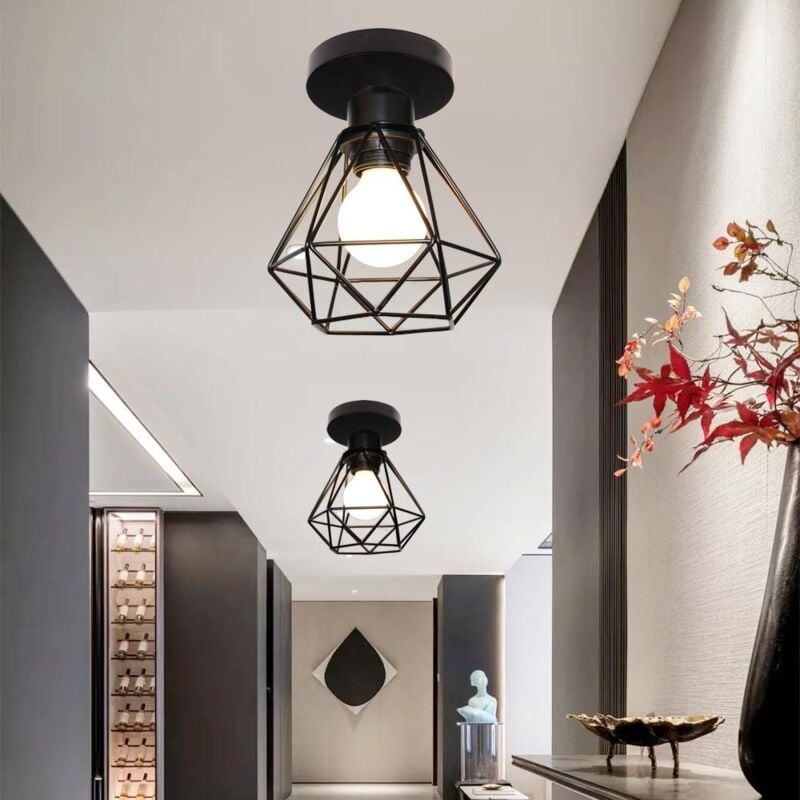 2 Pcs Plafonnier Industrielle Vintage Lampe de Plafond en Cage Diamant Luminaire Suspension en Métal E27 pour Couloir Escalier Chambre Noir