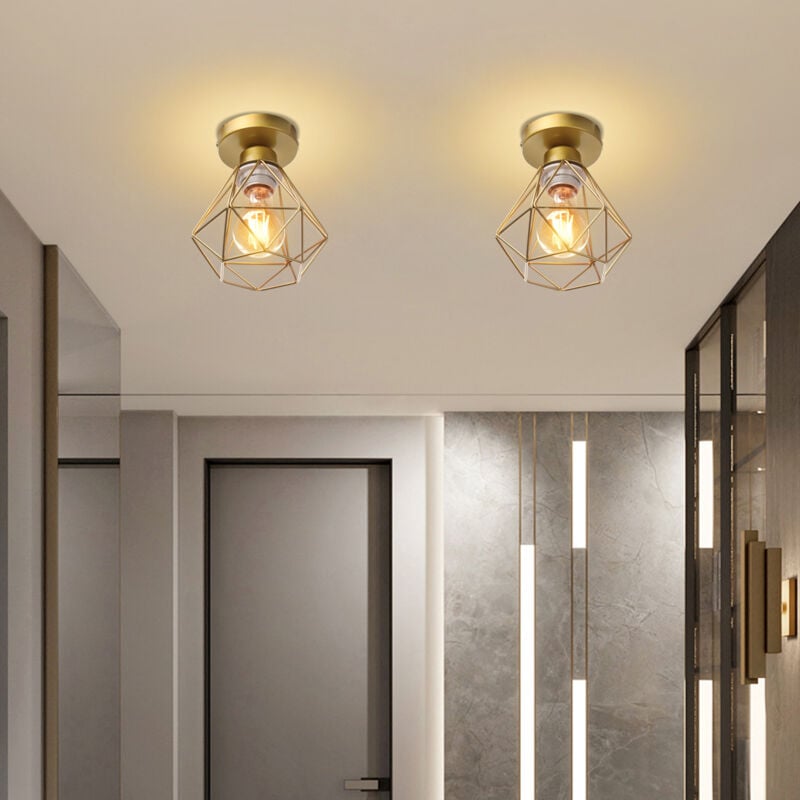 2 Pcs Plafonnier Rétro Industriel Lampe de Plafond en Cage Diamant E27 Luminaire en Métal pour Couloir Escalier Chambre Salon Doré