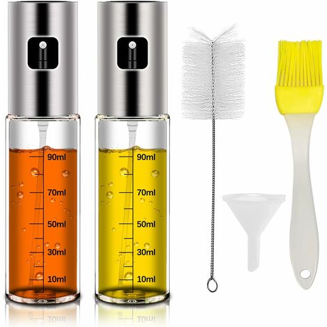 【2 PCS】 Pluvérisateur d'Huile d'olive, Vaporisateur Huile avec Échelle, Spray Huile et Vinaigre avec Brosse de Nettoyage, Entonnoir et BBQ Brosse, Boutille d'Huile Verre pour BBQ/Cuisine (100ML)