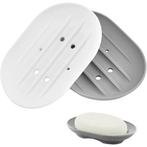2 PCS Porte Savon en Silicone 11.5x8x2cm Gris et Blanc Avec Trou Inférieur pour Douche, Rasoir, Pince à Cheveux, Boucle d'Oreille