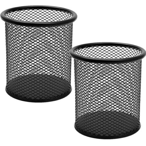2 PCS Pot a Crayon en Métal, Pot Crayon Rond en Métal, Mesh Multifonction Pot à Crayon, Porte Stylo, Organisation du Bureau et de la Maison, Noir