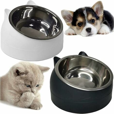 2 PCS Raised Cat Bowl 15° Tilted High Bulldog Feeder Spill-Proof Dog Kitten Food Dish Non-Slip Removable Pet Stainless Steel Tilted Base for Small Animals