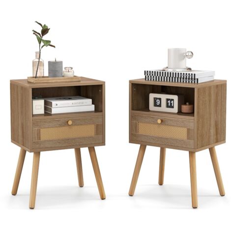 2 Pcs Rattan Nightstand Set Boho End Table Compact Bedside Table