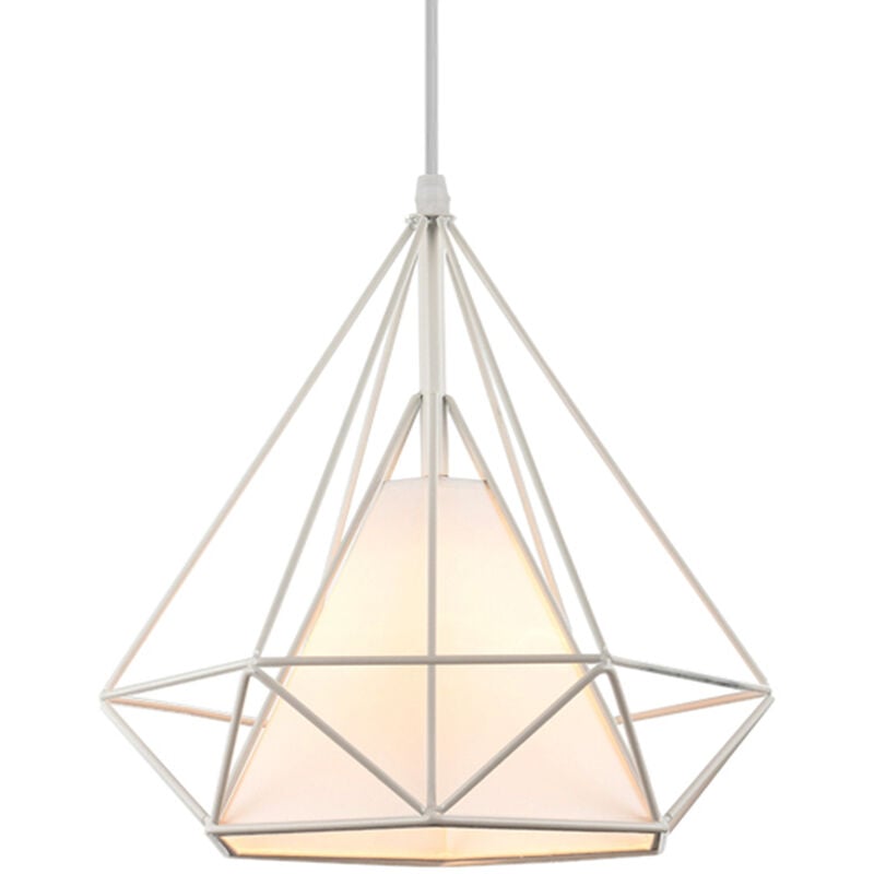 E27 Lustre Suspension Vintage Lampe Suspension Abat-jour Forme Diamant Éclairage de Plafond en Métal et Tissu Ø25CM Blanc - 1Pcs