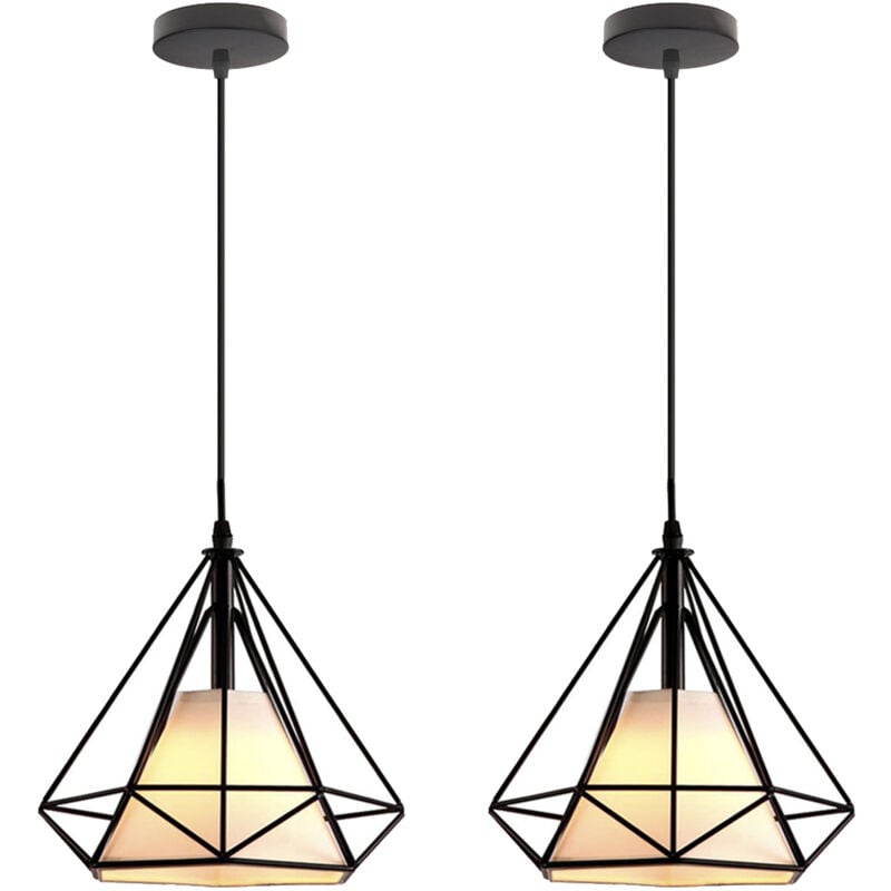 E27 Lustre Suspension Vintage Lampe Suspension Abat-jour Forme Diamant Éclairage de Plafond en Métal et Tissu Ø25CM Noir - 2Pcs
